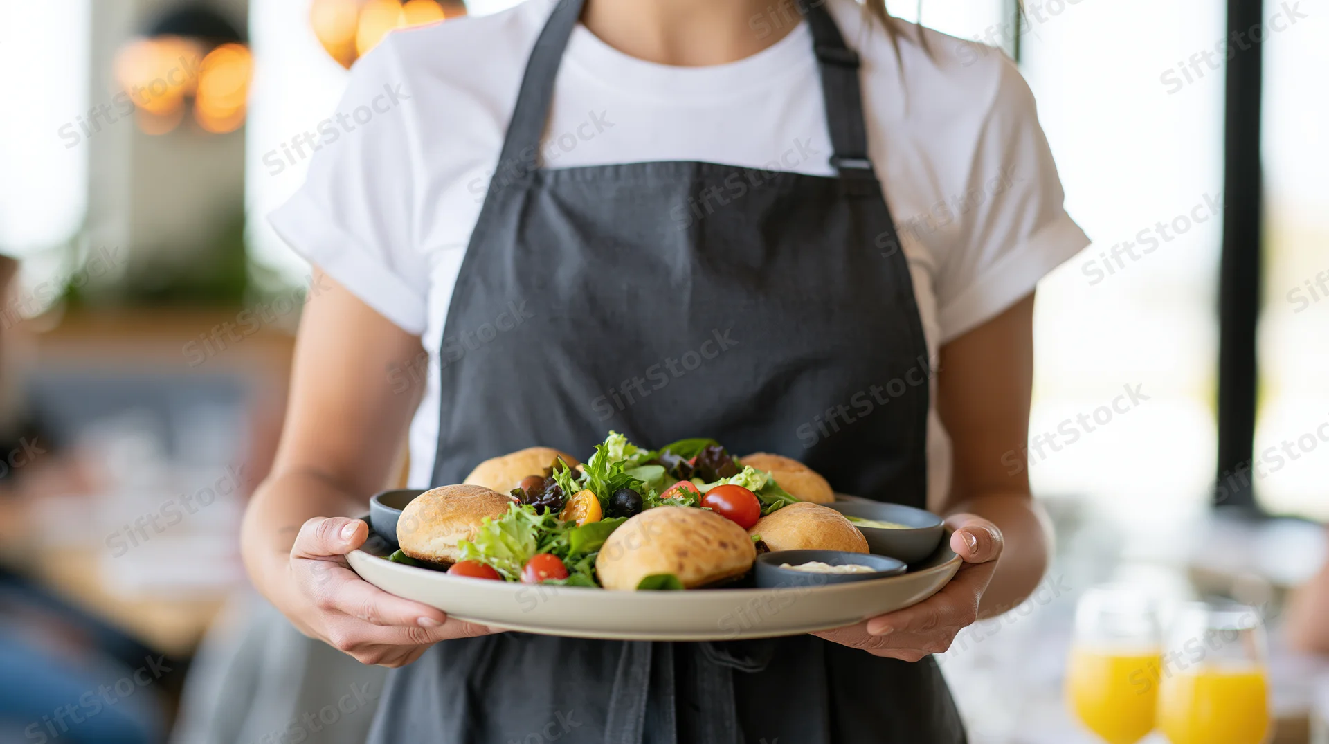 Woman server holding a tray with salad and bread in a restaurant