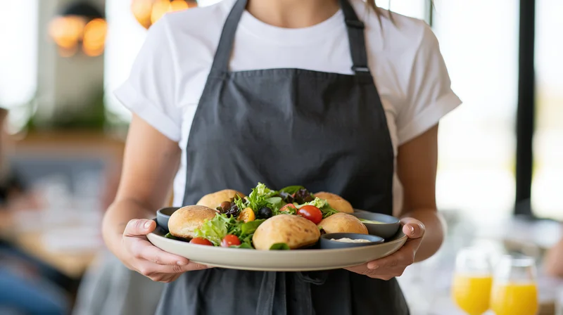 Woman server holding a tray with salad and bread in a restaurant