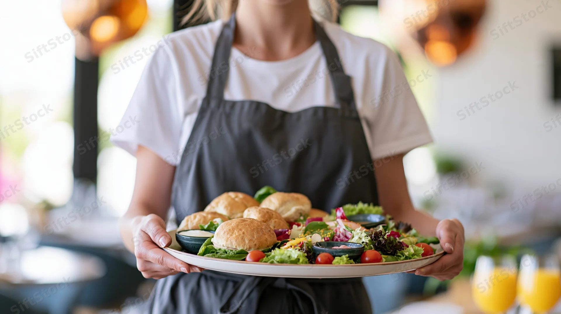 Woman in apron holding a tray of salad and bread rolls in a restaurant