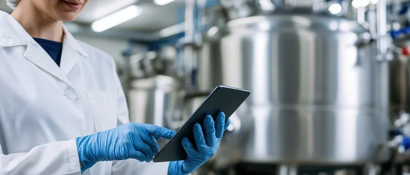 Female technician in white lab coat and blue nitrile gloves using tablet in industrial lab setting