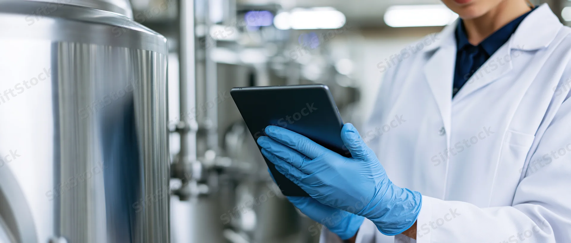 Female technician in white lab coat holding tablet in industrial facility