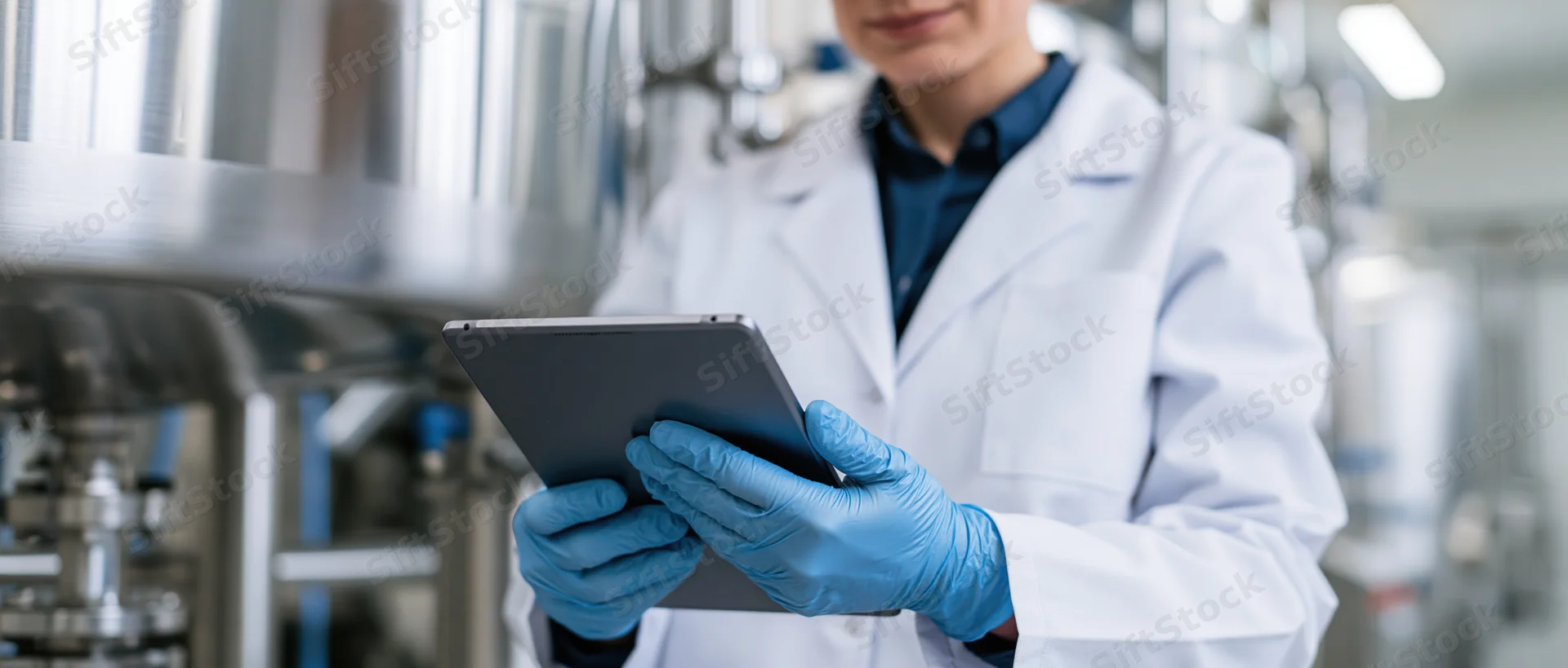 Female technician in white lab coat holding tablet in industrial facility