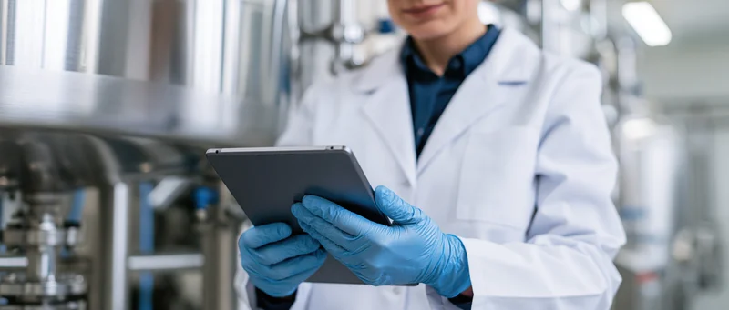 Female technician in white lab coat holding tablet in industrial facility