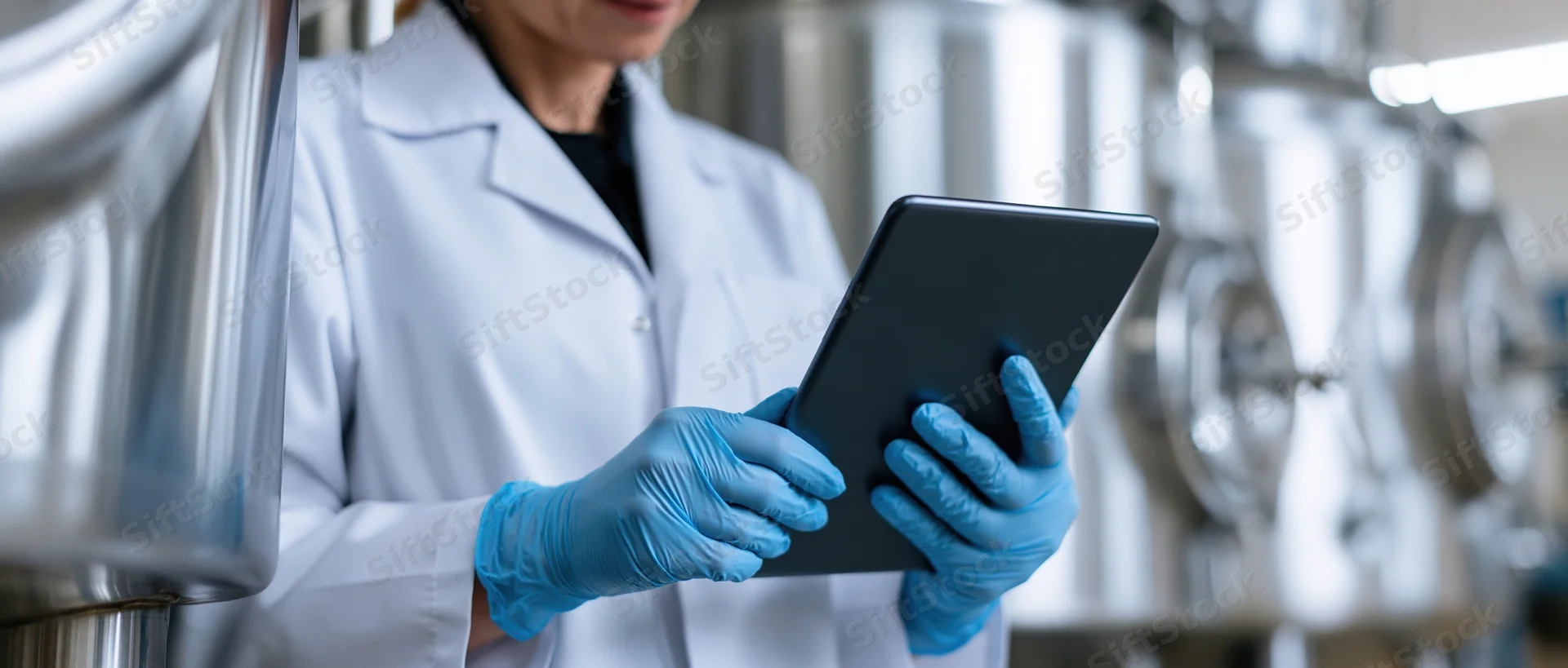 Female technician in lab coat holding tablet during equipment inspection in industrial facility