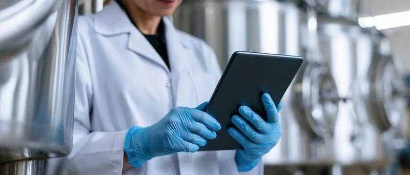 Female technician in lab coat holding tablet during equipment inspection in industrial facility