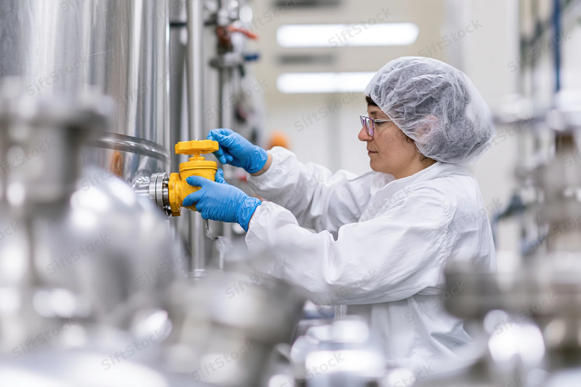 Woman in white coverall adjusting yellow valve on stainless steel tank in industrial facility