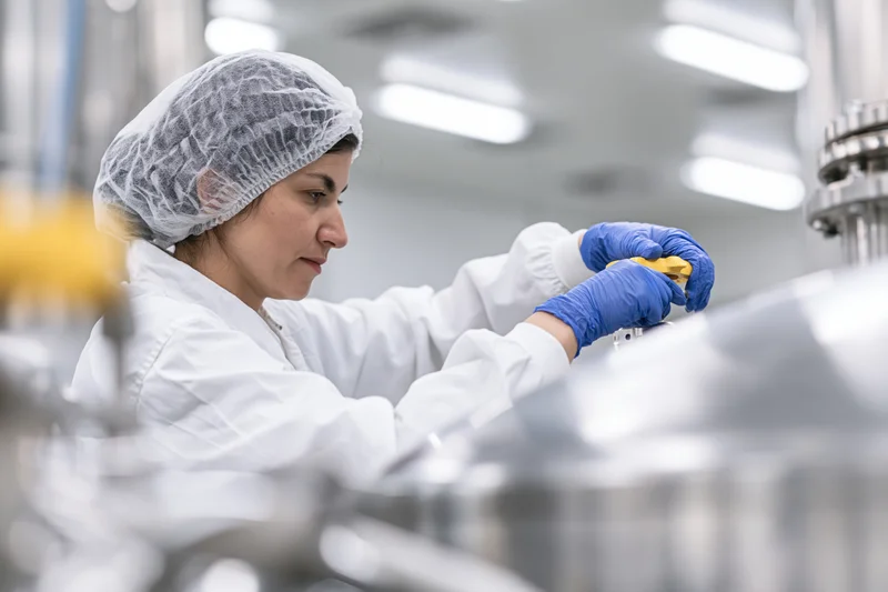 Woman in white coverall and hairnet adjusting machinery in cleanroom facility