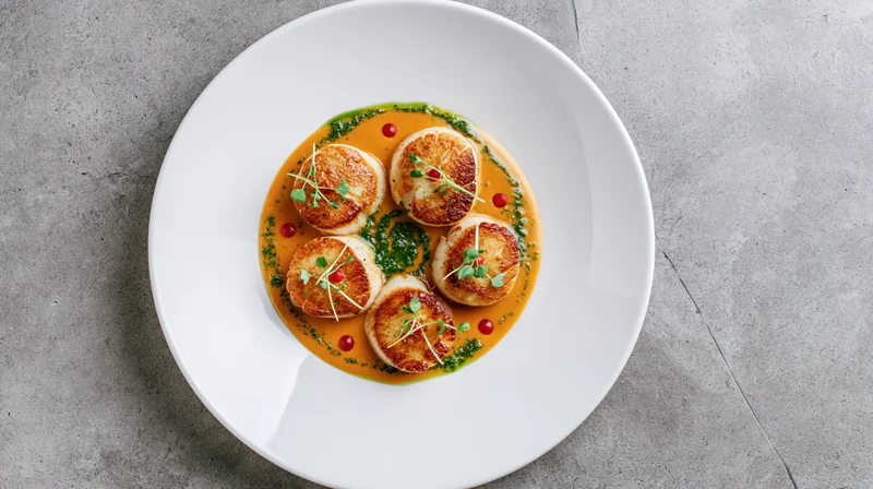 Seared scallops arranged on a white plate with orange and green sauces and microgreens garnish on a gray concrete surface