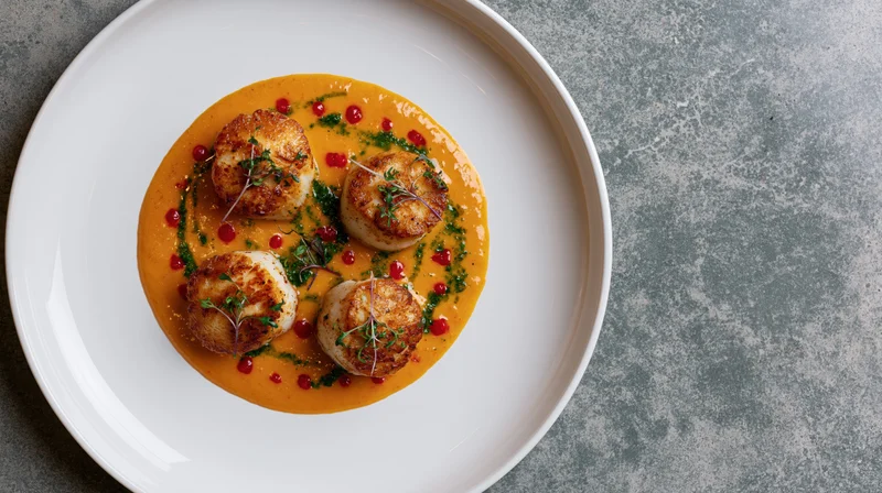 Seared scallops on orange sauce with microgreens and pomegranate seeds on white plate viewed from above