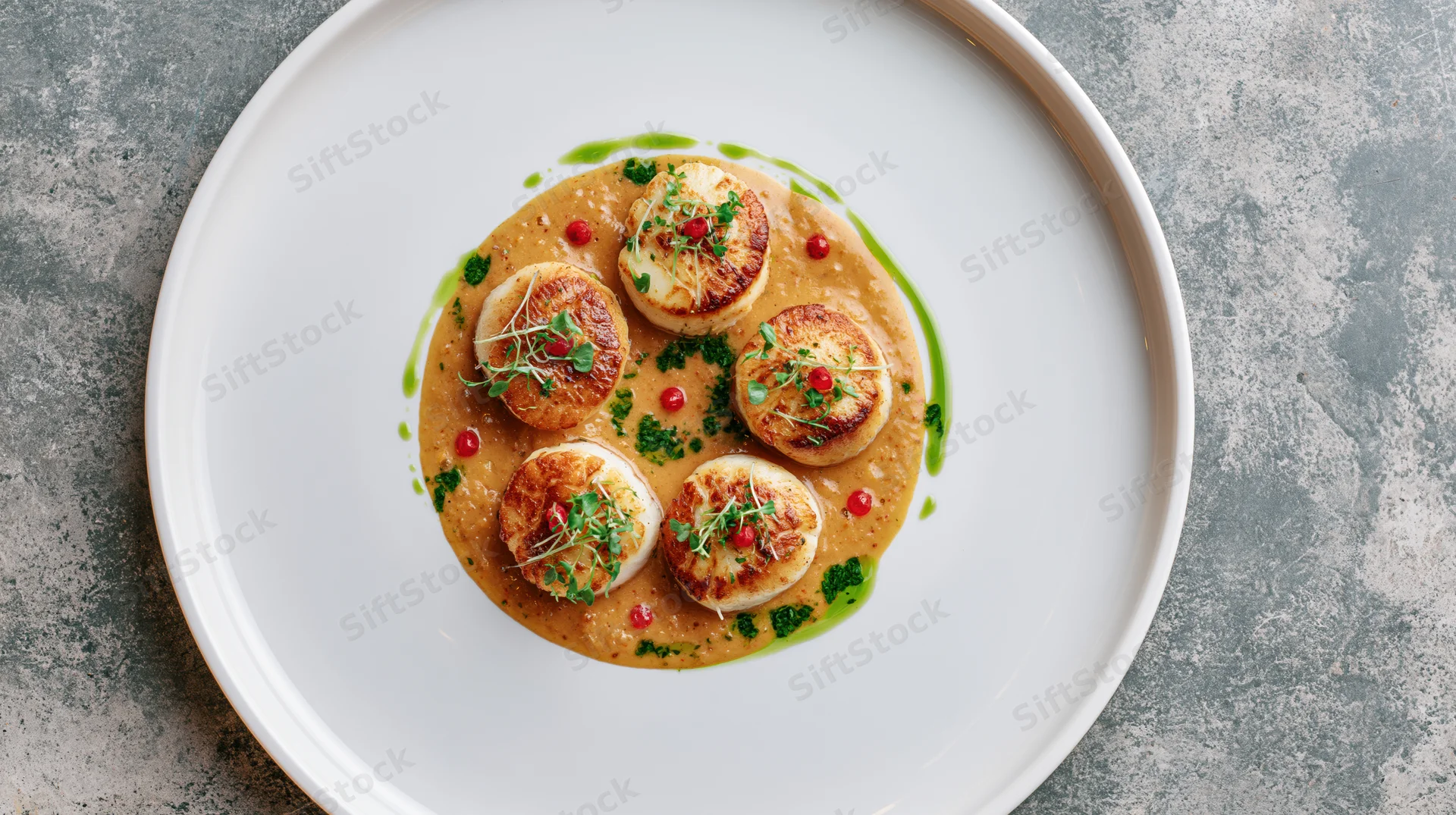 Seared scallops arranged on a white plate with sauce and garnish on a stone surface