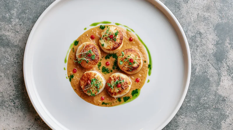 Seared scallops arranged on a white plate with sauce and garnish on a stone surface
