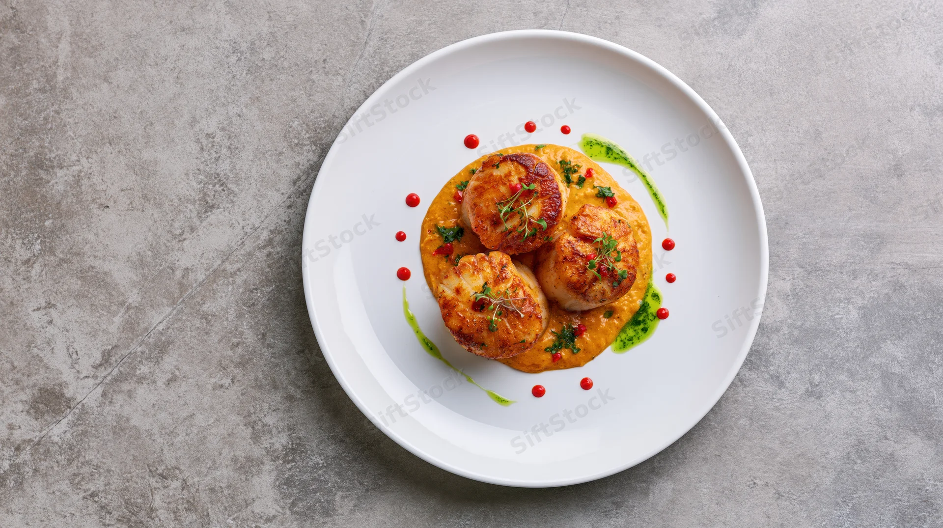 Seared scallops on a white plate with orange sauce and green garnish, overhead view on a gray textured surface