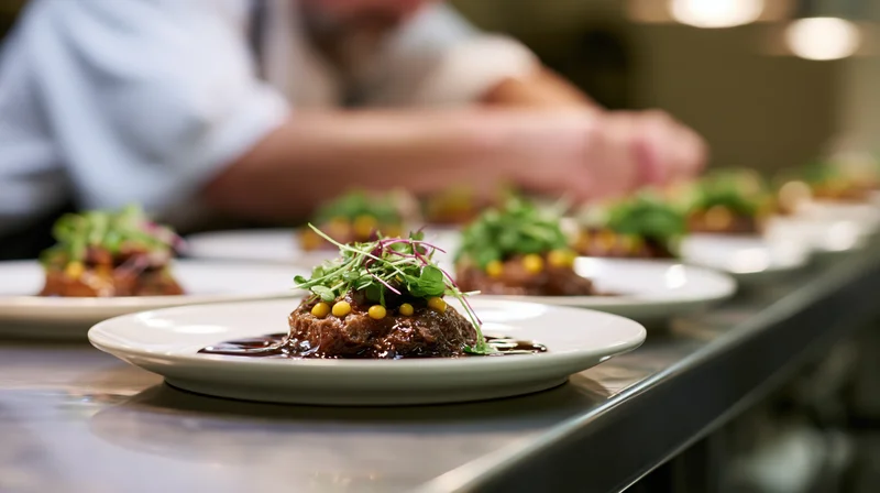Fine dining plates with garnished meat dishes lined up on stainless steel pass with chef in background