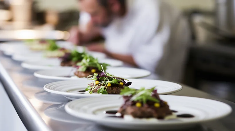Fine dining plates arranged in a line on a stainless steel pass with a chef in the background