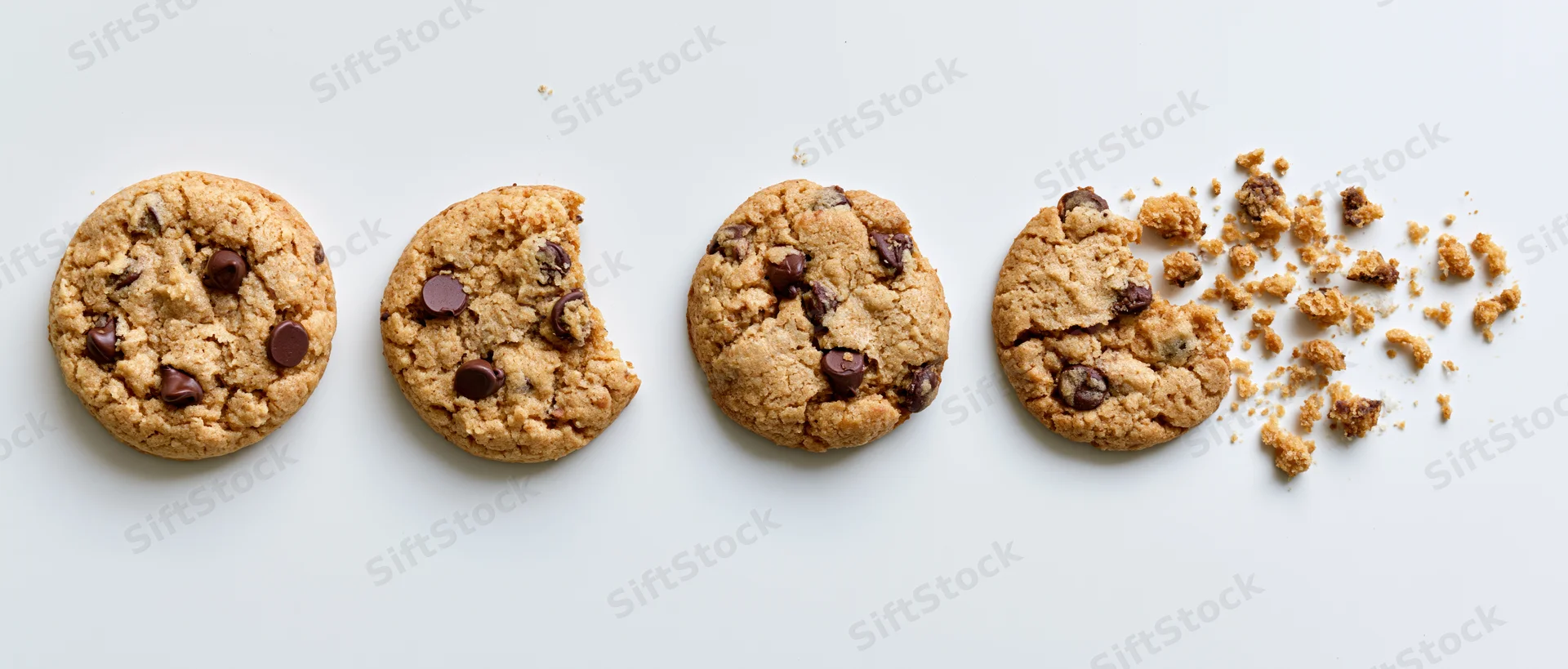 Four chocolate chip cookies in a row on white surface, one broken with crumbs scattered to the right