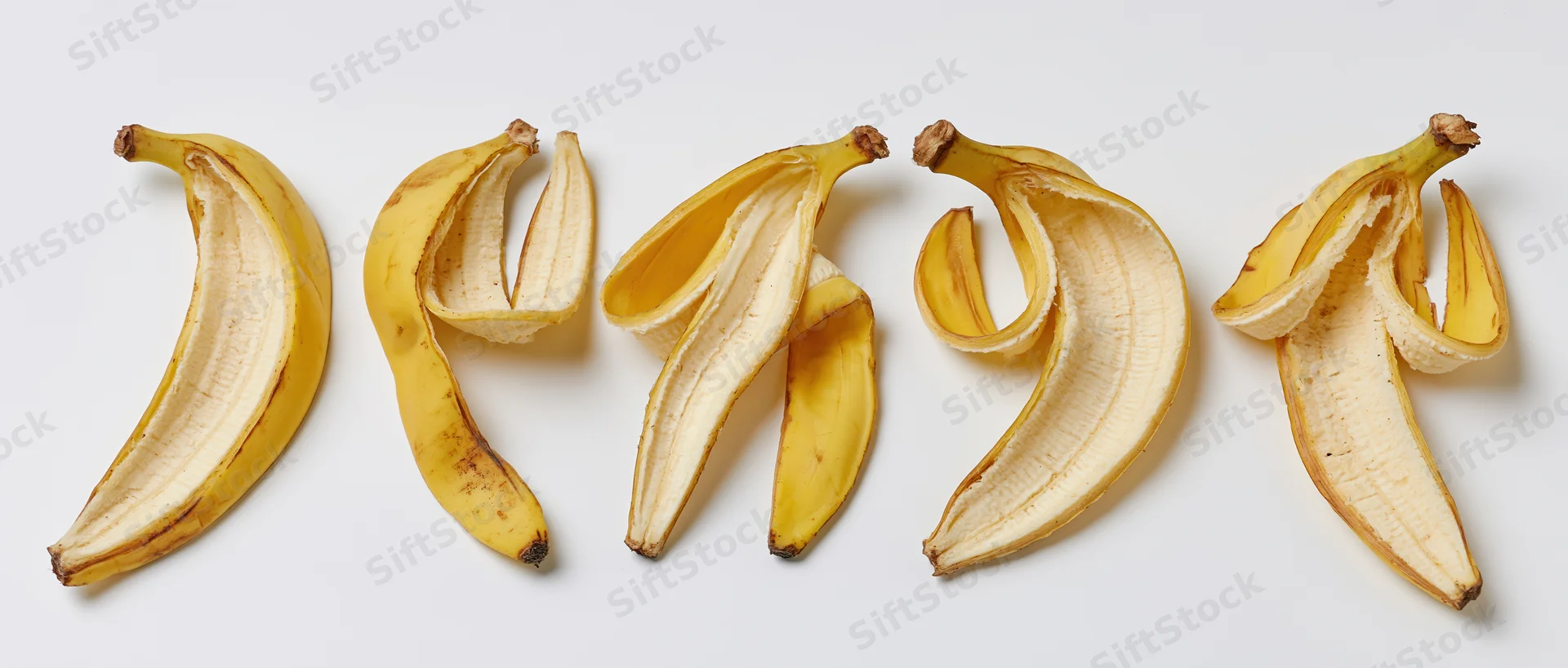 Five banana peels arranged in a horizontal row on a white background