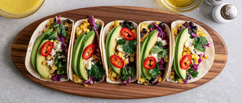 Five tacos with avocado, corn, black beans, and cilantro arranged on a wooden oval platter on a light countertop