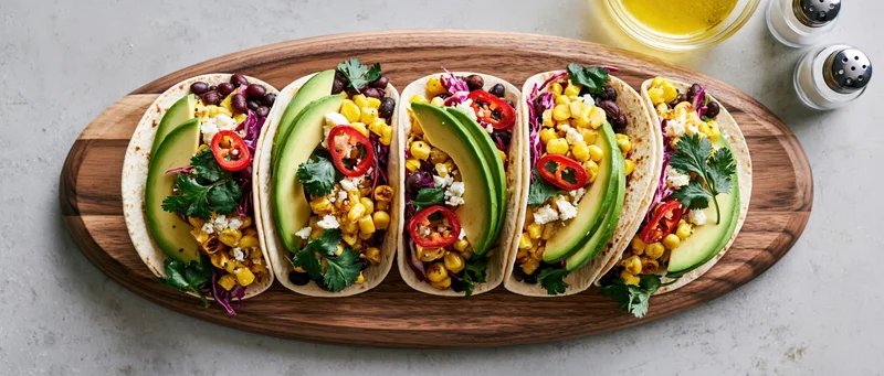 Five tacos with avocado, corn, beans and cilantro arranged on a wooden serving board
