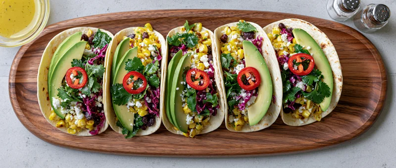Five tacos with avocado, corn, black beans and cilantro arranged on a walnut serving platter