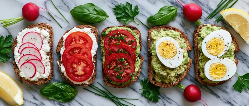 Five open-faced sourdough toasts topped with avocado, tomato, radish, egg and herbs arranged in a row on a marble surface