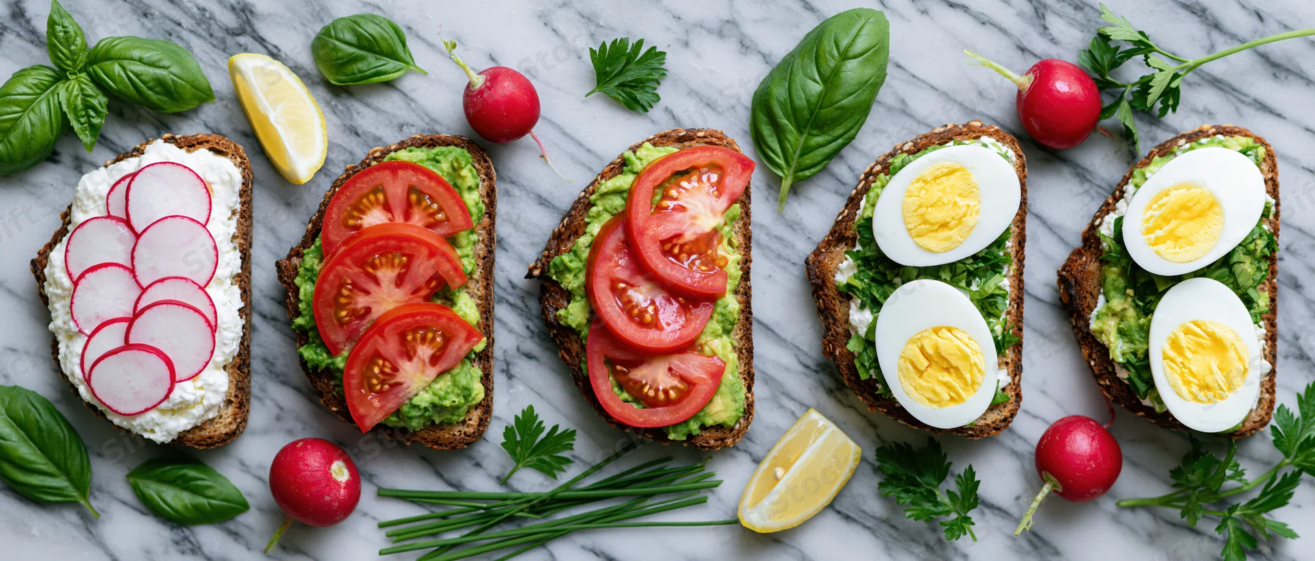 Five open-faced sourdough toasts topped with avocado, tomato, egg, radish and herbs arranged in a row on a marble surface