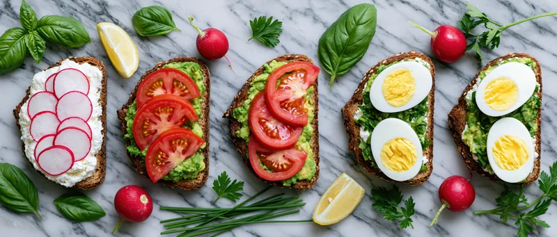 Five open-faced sourdough toasts topped with avocado, tomato, egg, radish and herbs arranged in a row on a marble surface