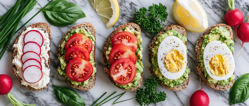 Five open-faced sourdough toasts topped with avocado, tomato, radish, egg and herbs arranged in a row on a marble surface