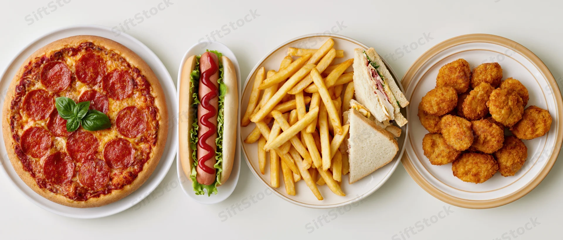 Five plates of fast food arranged in a horizontal row on a white surface