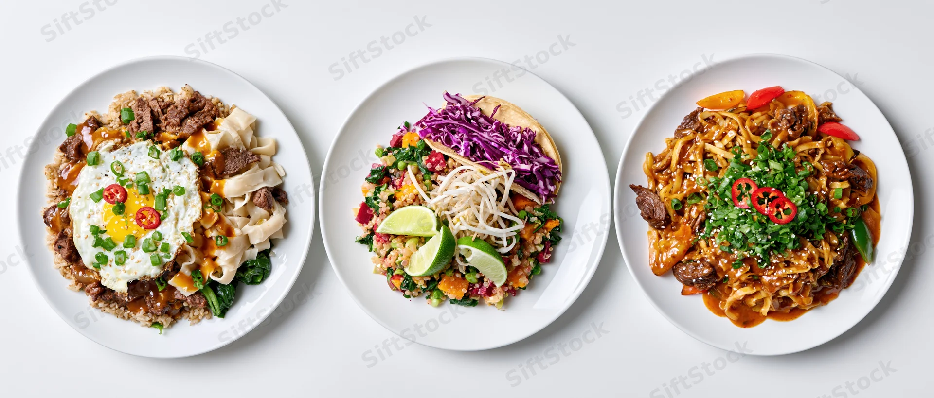 Three plates of asian-inspired dishes arranged in a row on a white surface