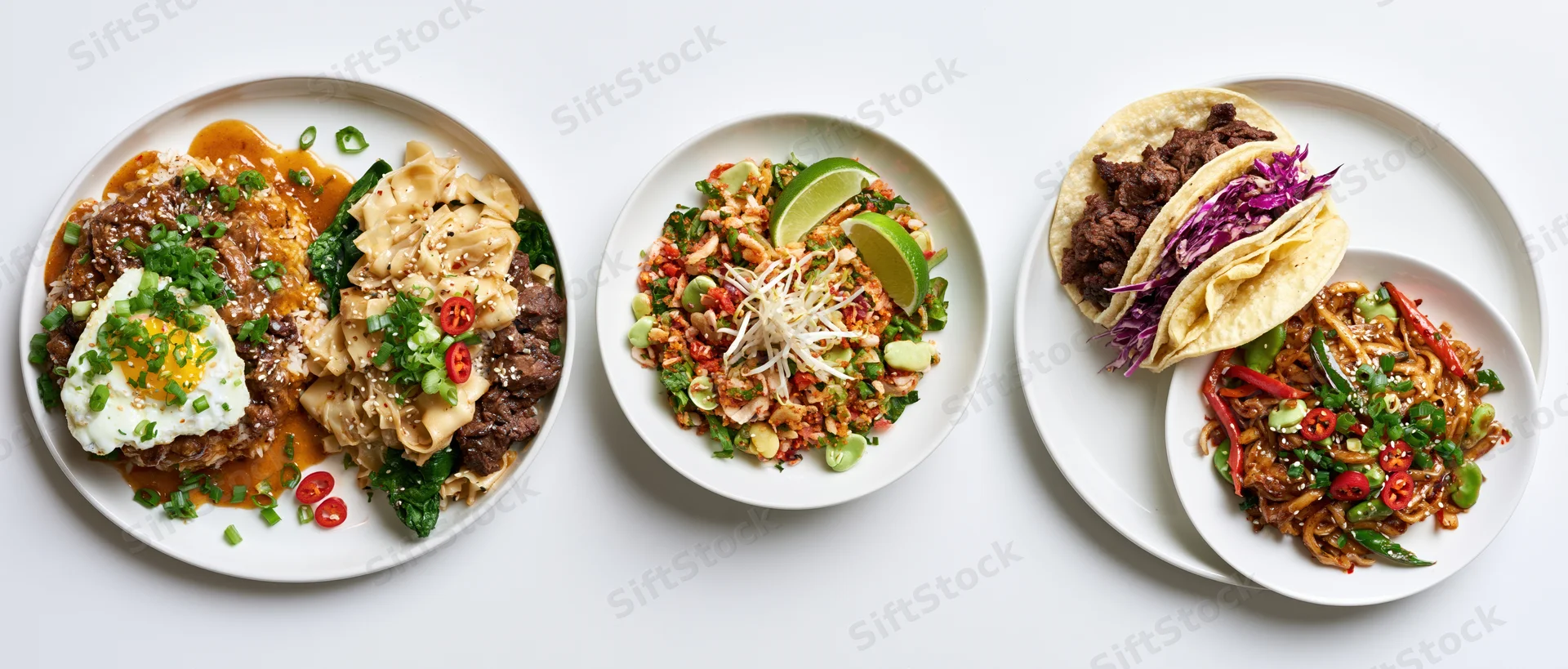 Five white plates with asian-inspired dishes arranged in a row on a white surface