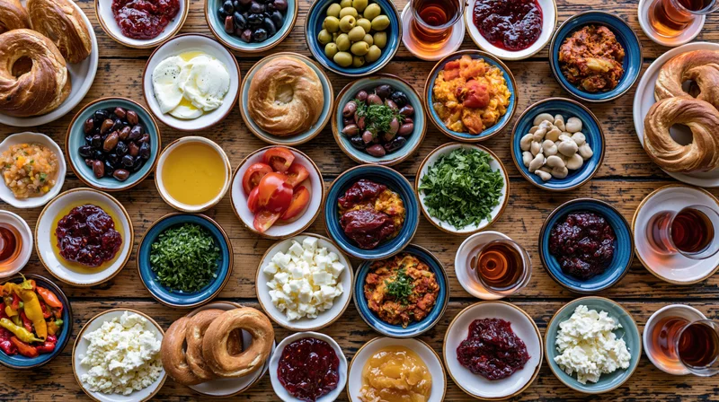 Traditional turkish breakfast spread with bagels, cheeses, jams, olives and tea on wooden table