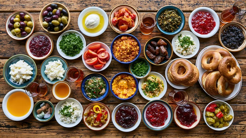Traditional turkish breakfast spread with various dishes and condiments arranged on a wooden table