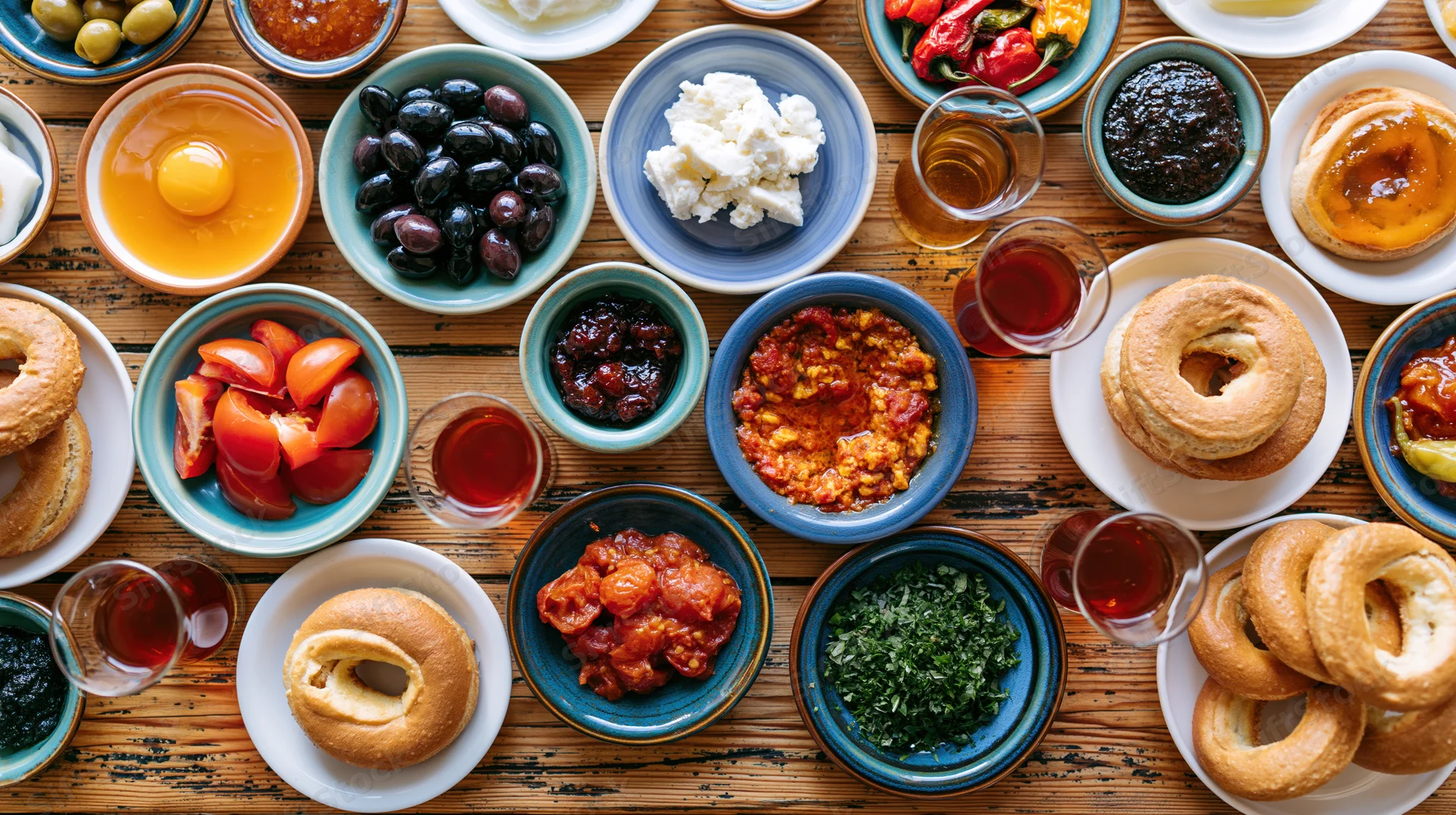 Traditional turkish breakfast spread with various dishes and breads on a wooden table