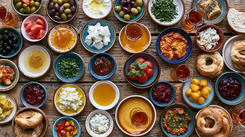 Traditional turkish breakfast spread with cheese, olives, honey, jam, bread and tea arranged on wooden table in flat lay overhead view