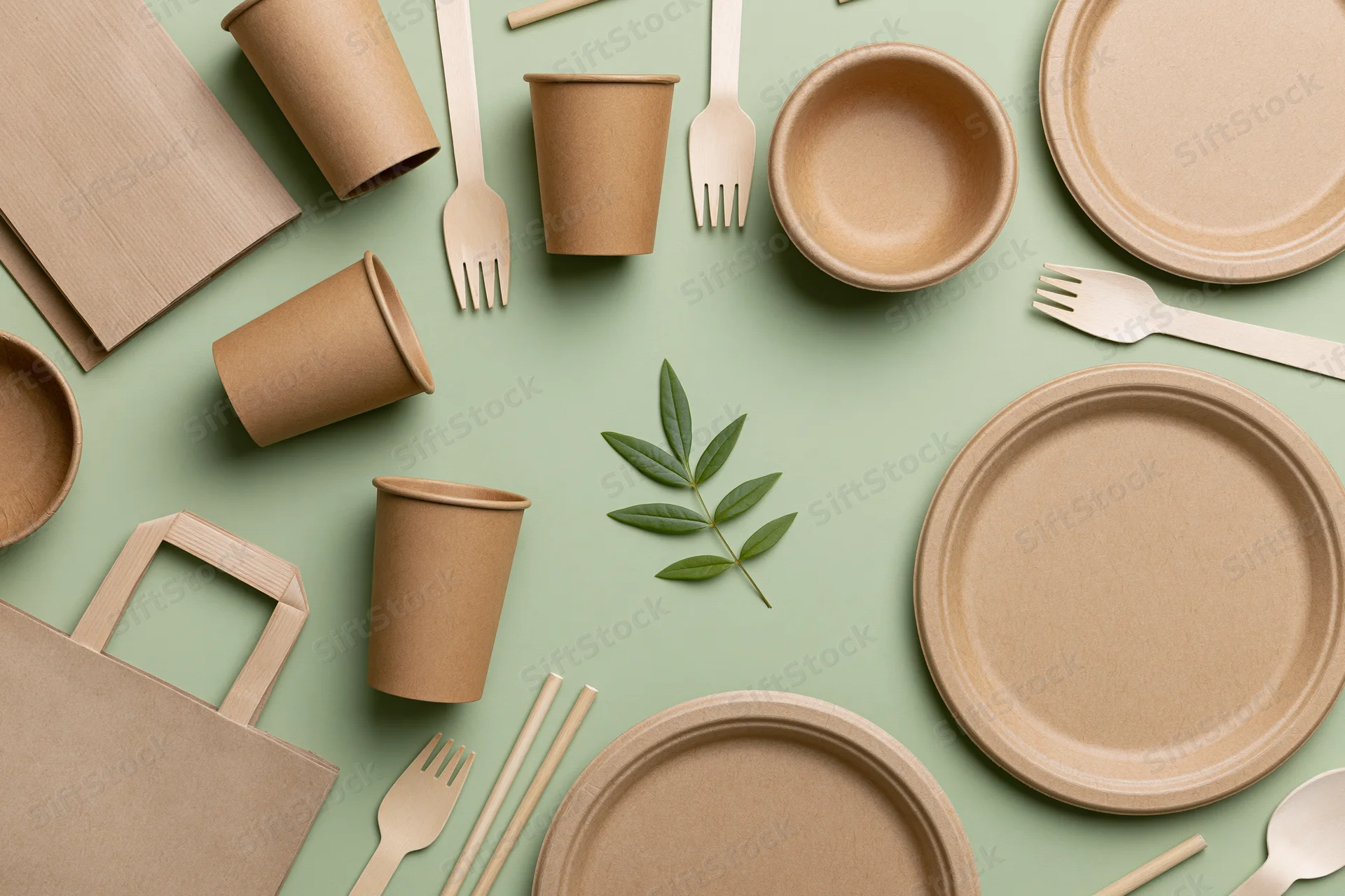 Flat lay of eco-friendly kraft paper disposable tableware and packaging on green surface with leaf