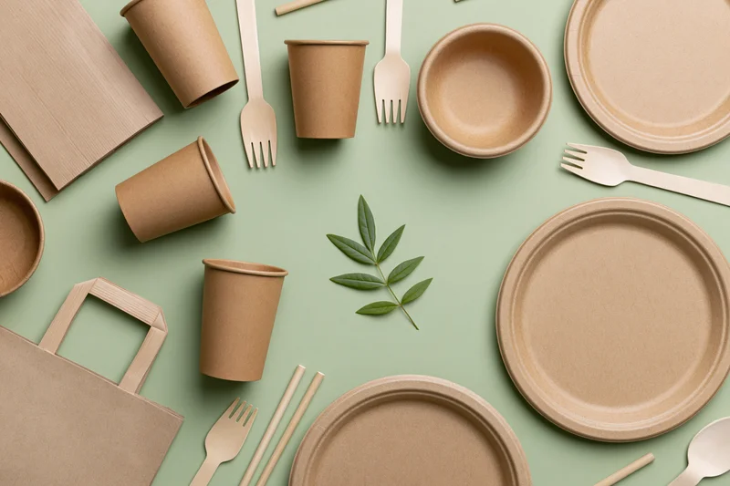 Flat lay of eco-friendly kraft paper disposable tableware and packaging on green surface with leaf