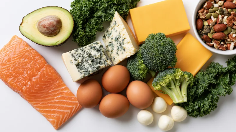 Keto diet foods arranged in flat lay on white surface