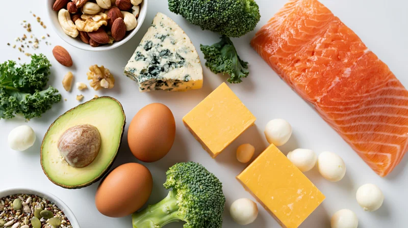Keto diet foods arranged in flat lay on white surface