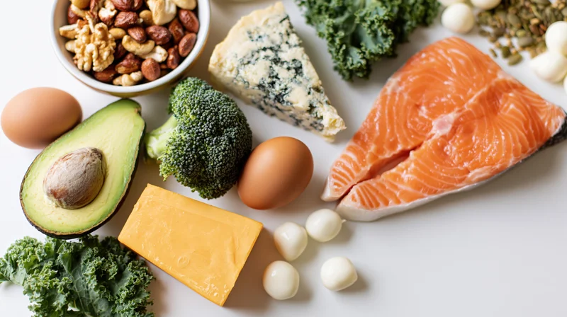 Keto diet foods arranged in flat lay on white surface