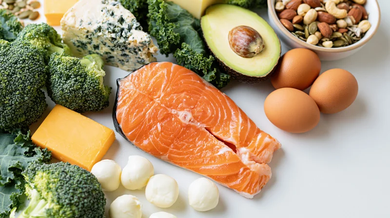 Salmon fillet with broccoli, eggs, cheese, avocado, nuts and mozzarella arranged on white surface