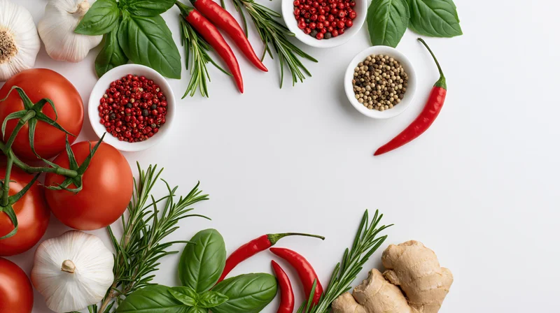 Fresh vegetables herbs and spices arranged in a border frame on white surface