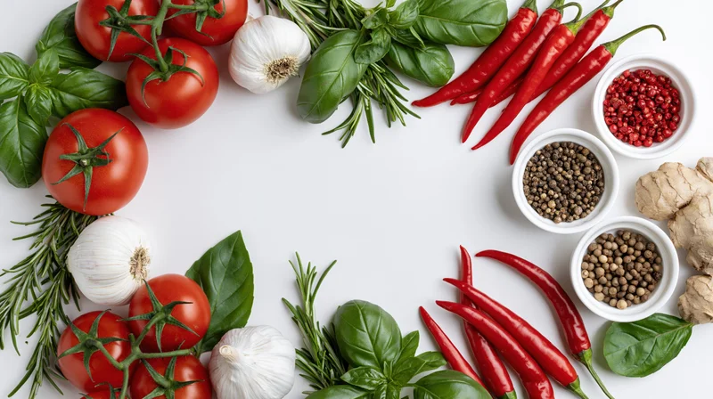 Fresh vegetables herbs and spices arranged in a border frame on white background with copyspace
