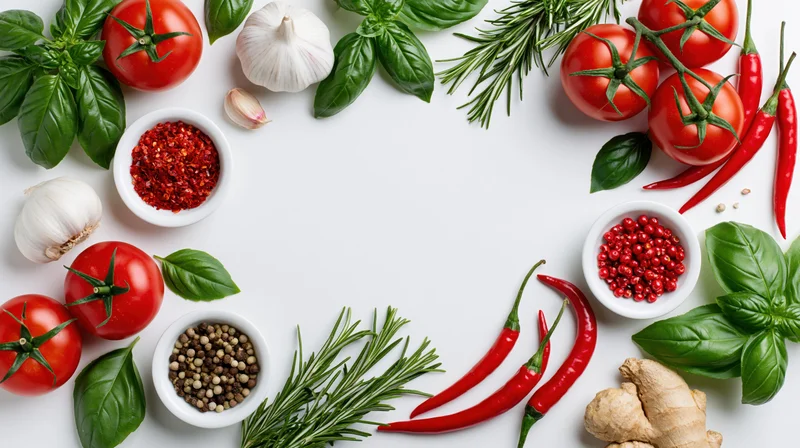 Fresh vegetables herbs and spices arranged in a border frame on white surface