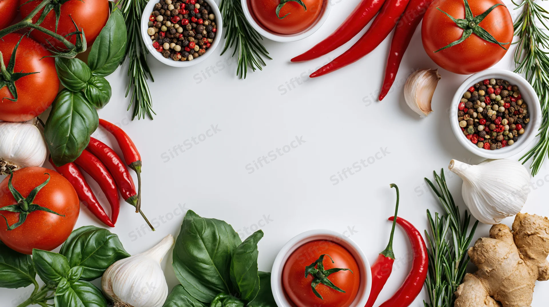 Fresh vegetables herbs and spices arranged in a border frame on white surface with copyspace