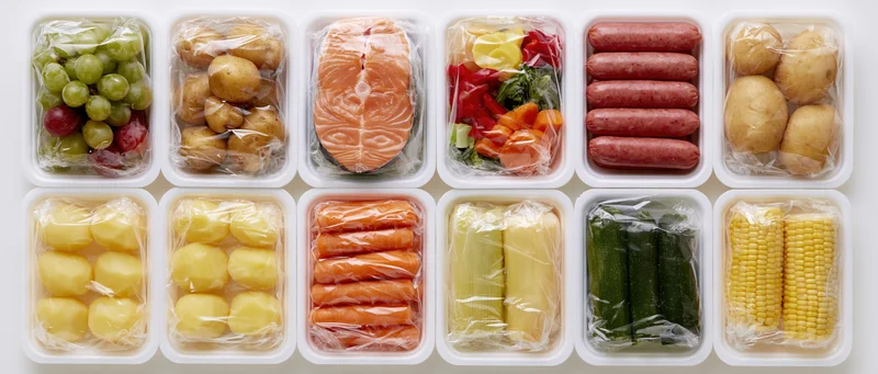 Assorted fresh foods in vacuum-sealed plastic containers arranged in a grid on a white surface