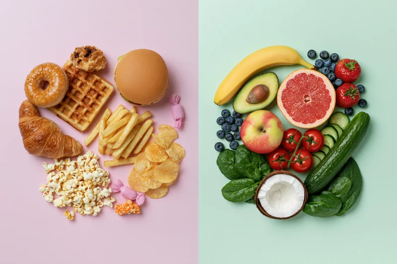 Split flat lay of unhealthy foods on pink background and healthy foods on mint background
