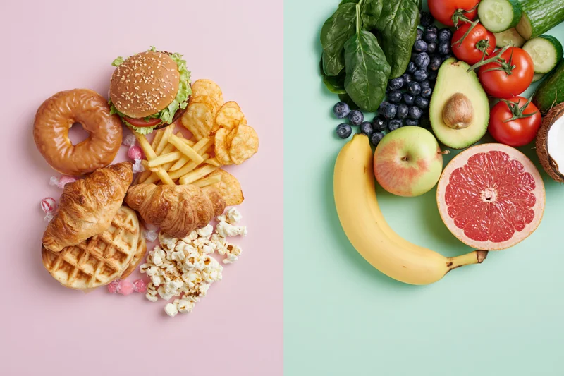 Split flat lay of unhealthy foods on pink and healthy foods on mint green background