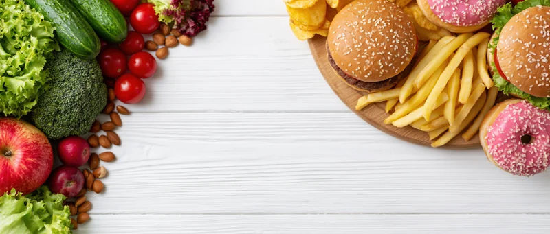 Healthy vegetables and fruits on one side, burgers fries and donuts on the other, arranged on white wooden table