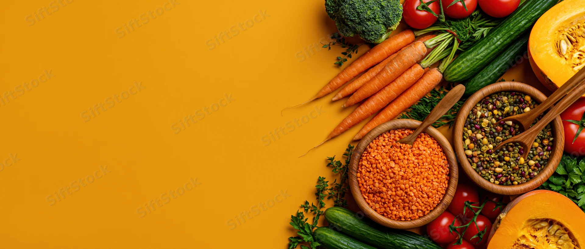Fresh vegetables and legumes arranged in wooden bowls on a yellow surface with copyspace