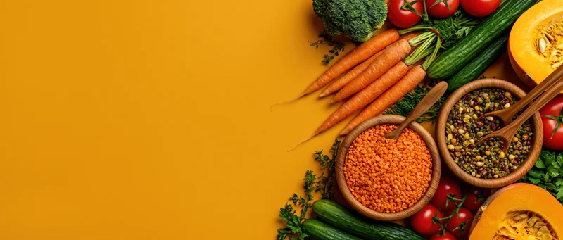 Fresh vegetables and legumes arranged in wooden bowls on a yellow surface with copyspace
